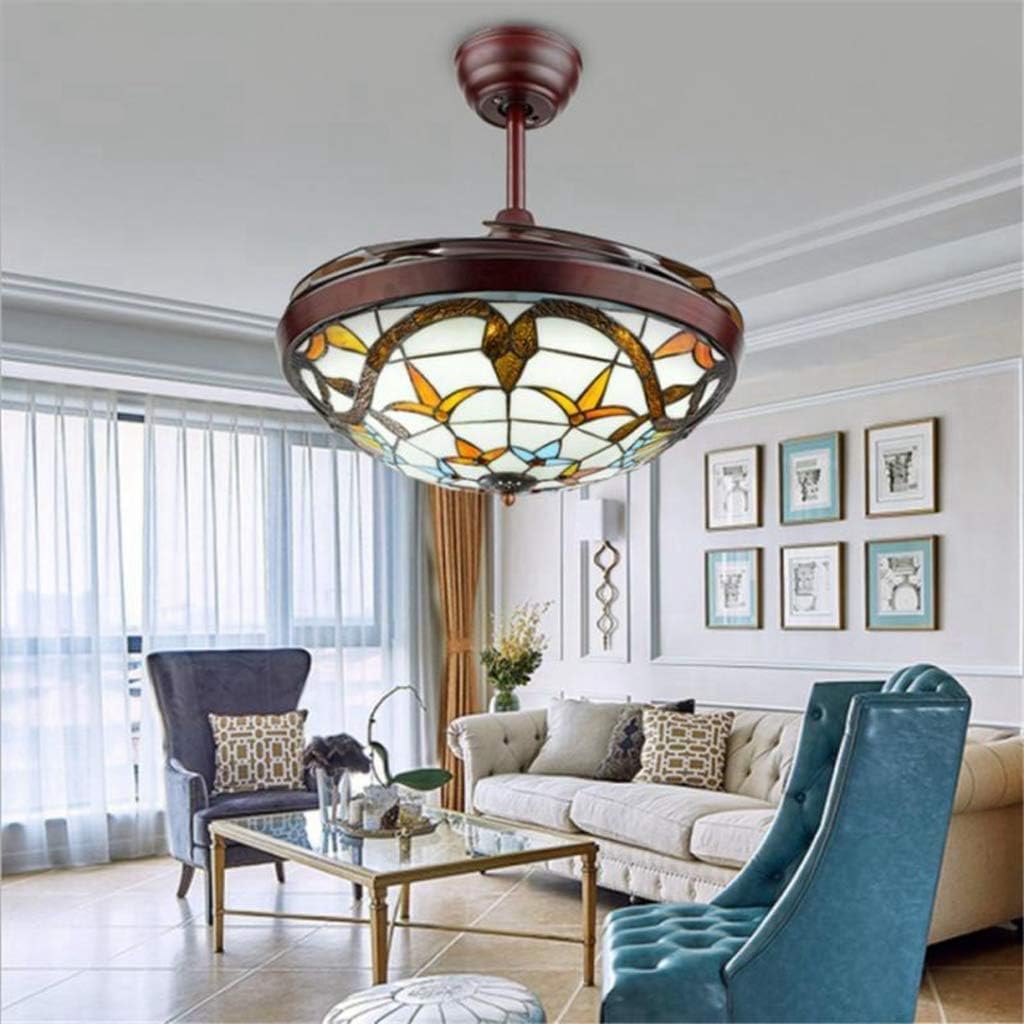 Fandian 42' Vintage Style Ceiling Fan with Light, Remote Control Classic LED Chandelier Retractable Blades 3 Light Changes Fandelier Lighting Fixture with Craft-Made Colorful Glass Lamp