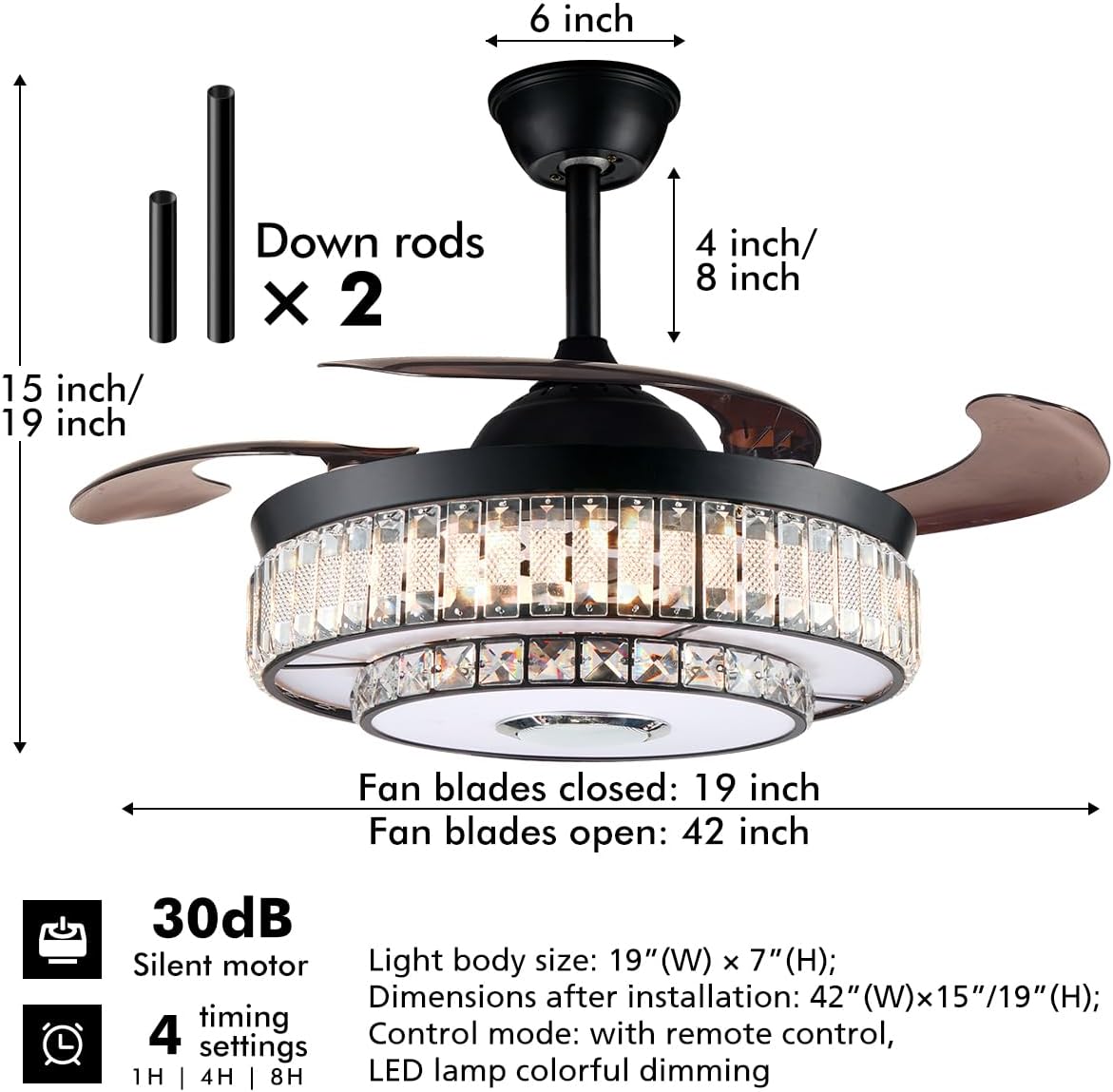 42''Black Crystal Ceiling Fan with Light, Modern 3 Speeds Changes 7 Colors Dimmable Fandelier Bluetooth Speaker Music Ceiling Fans Modern 2 Layers Crystal Light Fixture for Bedroom,Living Room
