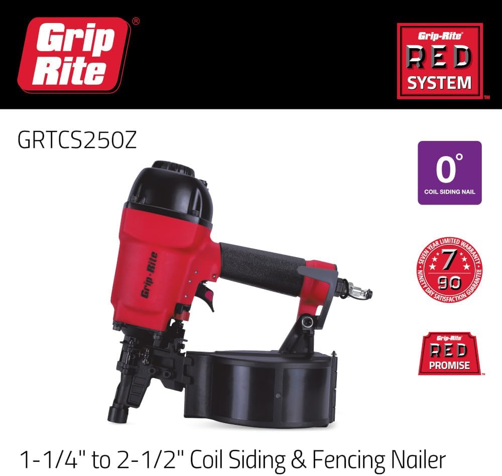 Grip-Rite GRTCS250Z, 0° 2-1/2' Coil Siding Nailer, Plastic Collation, High Precision