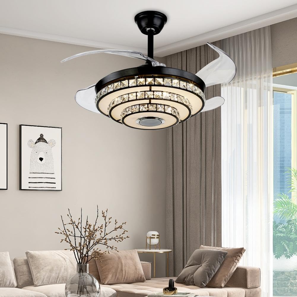 A Million Bluetooth Ceiling Fan with Light and Speaker, Retractable Ceiling Fan Chandelier with Remote Control, 6 Speeds Reversible Blade Smart Ceiling Fan