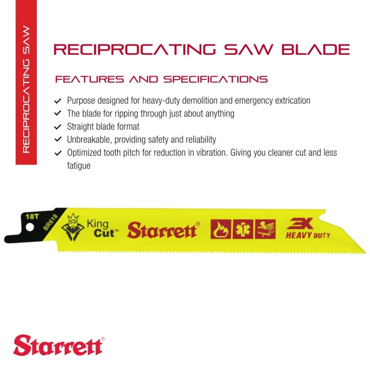 Starrett Bi-Metal King Cut Fire Rescue and Demolition Reciprocating Saw Blade - 6' Length, 3/4' Width, 0.35' Thickness, Straight Shape, 18 TPI - 50-Pack - BR618-50