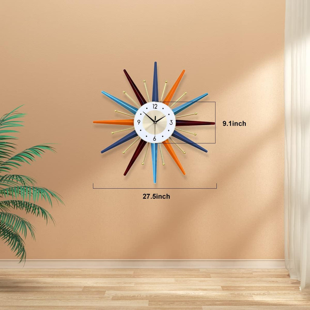 FIELDY Large Wall Clock 27.5 Inch Mid Century Wall Clocks Starburst Clock Non Ticking Battery Operated 3D Wall Clocks Home Décor for Living Room, Kitchen, Dining Room, Bedroom