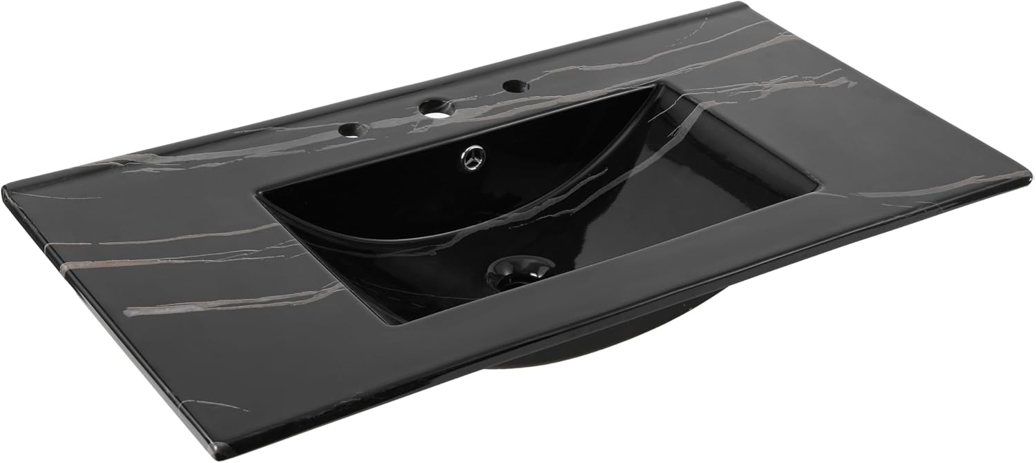 JONATHAN Y Ancillary 36 in. W x 18.25 in. D Ceramic Vanity Sink Top with 3-Hole Rectangular Single Sink Basin, Black Marble Effect SNK1003D