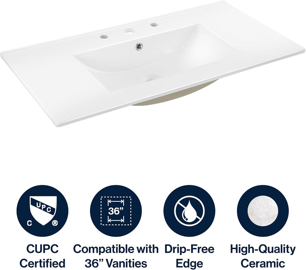 JONATHAN Y Ancillary 36 in. W x 18.25 in. D Ceramic Vanity Sink Top with 3-Hole Rectangular Single Sink Basin, White SNK1003A