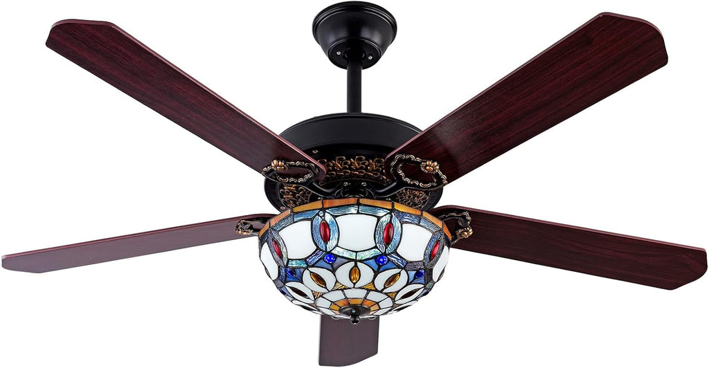 Tiffany-Style Stained Glass Ceiling Fan with Lights,52 Inch Chandelier Fan Light with 5 Reversible Wood Blades 3 Color/3 Speed Indoor Ceiling Fan with Remote Control,for Dining Living Room