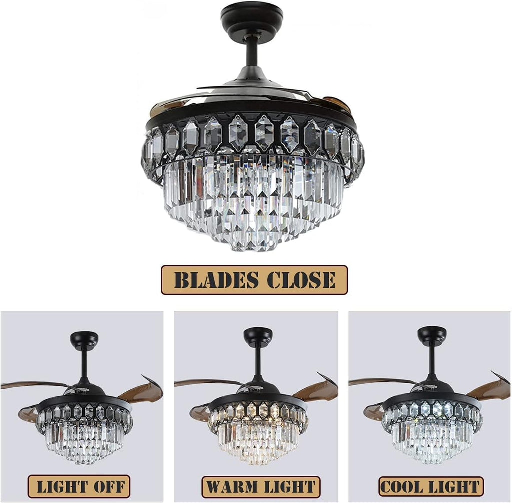 Fandian 42' Modern Crystal Ceiling Fan with Lights Black Retractable Fandelier Remote Control Fixtures, 3 Color Changes Luxury Lighting for Dining Room, Living Room