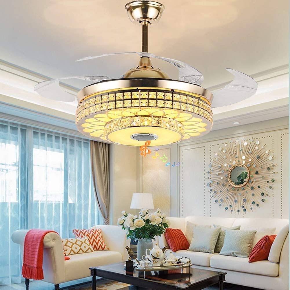 Fandian 42' Modern Smart Crystal Ceiling Fans with Lights and Remote Control, Retractable Bluetooth Speaker Chandeliers, 3 Colors Lighting Fandelier Fixtures for Bedroom, Living Room