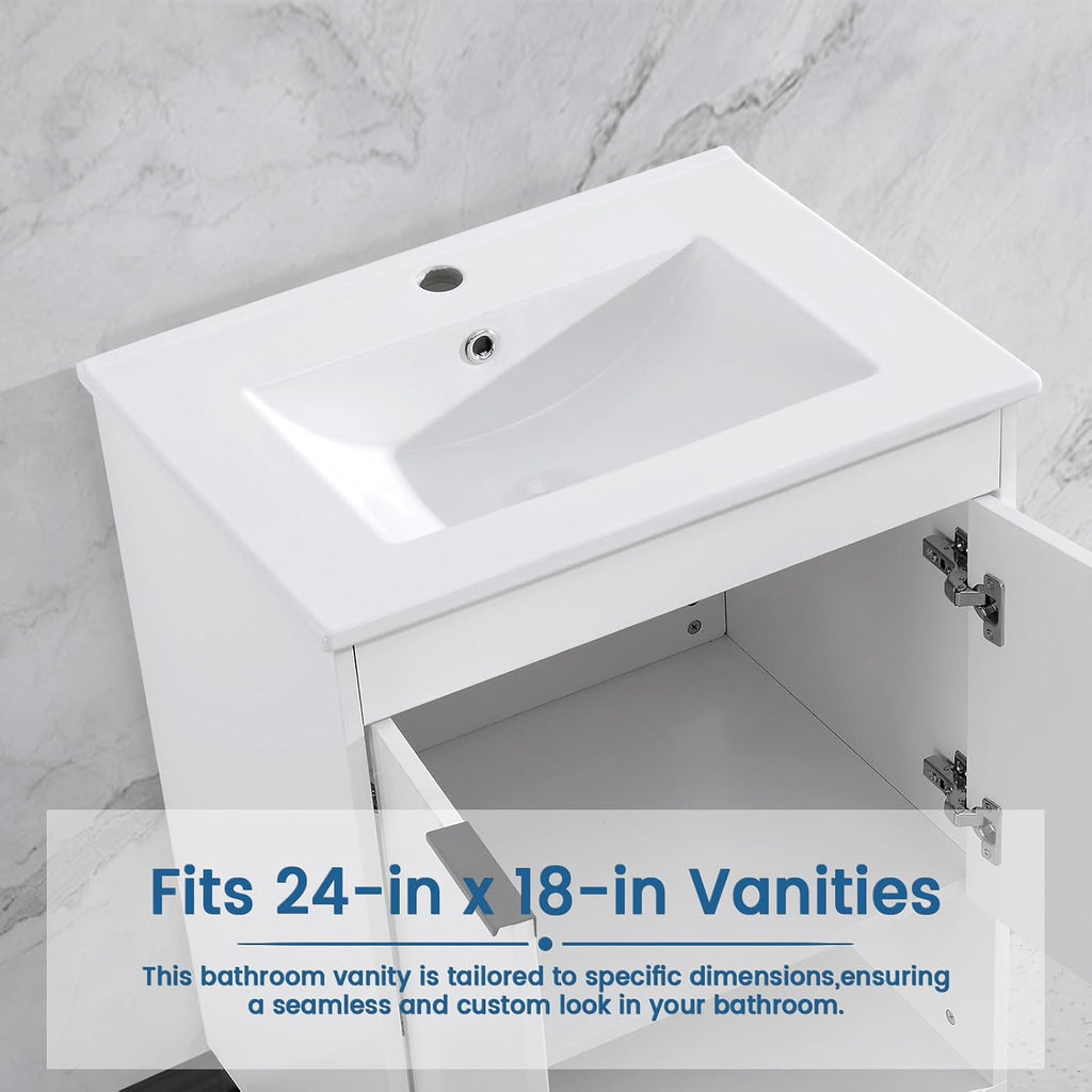 24 in. W x 18.3 in. D Bathroom Undermount Ceramic Sink Top W/One Hole, Drop in Bathroom Vessel Sink Rectangle, Without Matte Black Faucet & Pop up-Drain, for Bathrooms, White