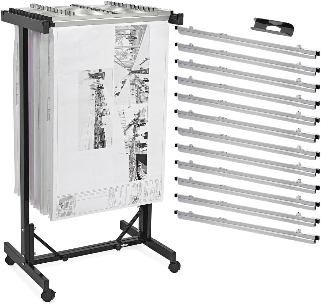 Adir Blueprint Rack and Clamps - 12 Pack of 30 Inch Blueprint Clamps and Mobile Blueprint Rack - Heavy-Duty Large Document Storage Solution for Blueprints, Posters, Maps, & Construction Plans