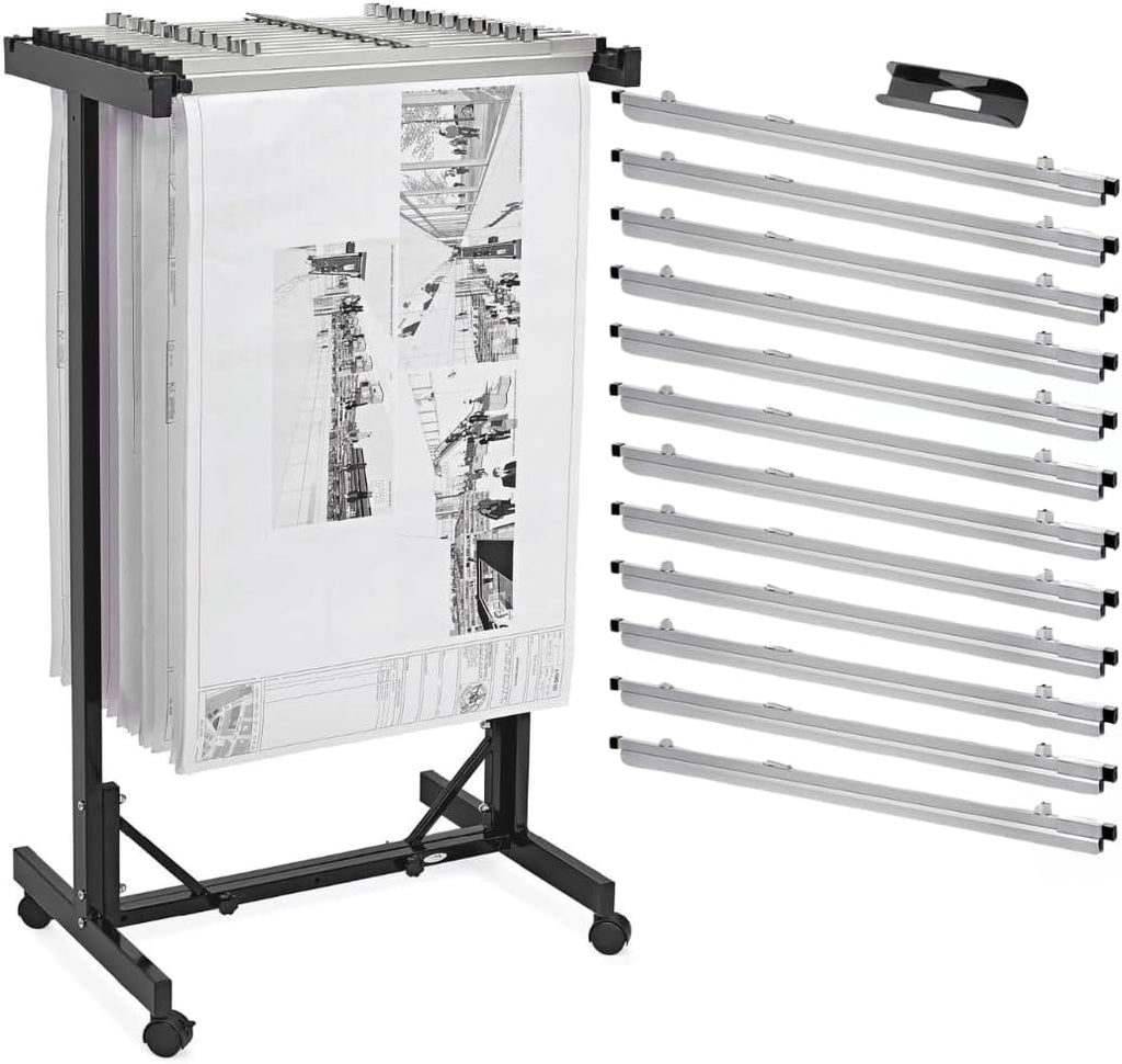 Adir Blueprint Rack and Clamps - 12 Pack of 30 Inch Blueprint Clamps and Mobile Blueprint Rack - Heavy-Duty Large Document Storage Solution for Blueprints, Posters, Maps, & Construction Plans
