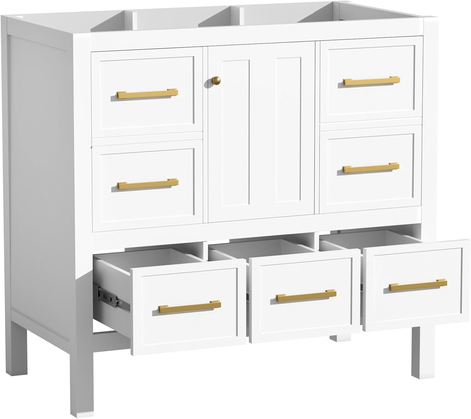 Merax 36 Inch White Bathroom Vanity Without Sink Top,Freestanding Bathroom Vanity Base Cabinet Only,with 5 Drawers,Soft Closing Door & Gold Handles,Solid Wood Frame(Basin Not Included),1 Package
