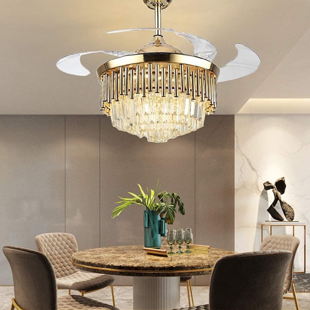 Fandian Crystal Ceiling Fan with Light Remote Control Fandelier, Modern Retractable Luxury Chanmdeliers Fan with 3 Color Change LED Light 3 Speed for Living Room Bedroom