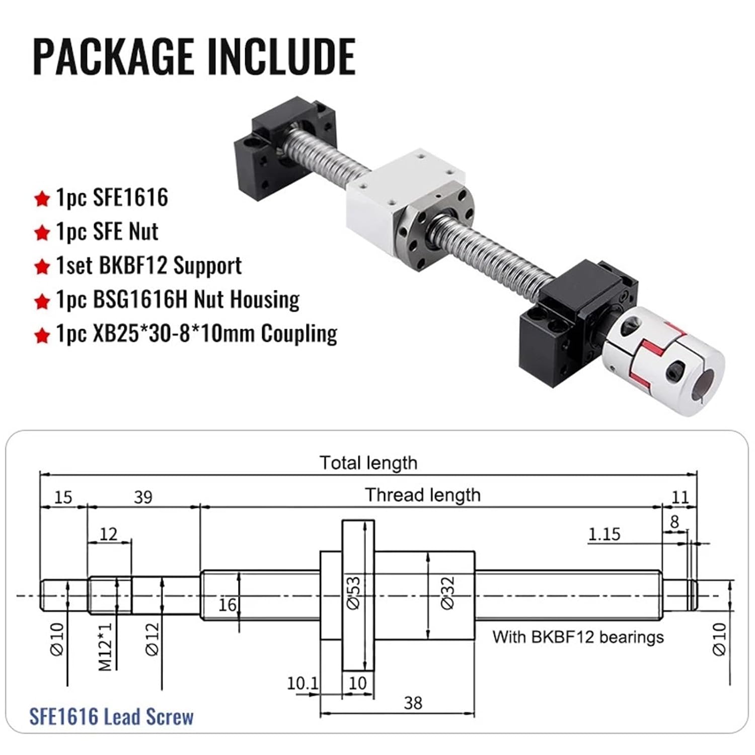 Linear Motion CNC Ball Screw 1pcs Ball Screw SFE1616 Ball Nut End Machined+BKBF12+DSG1616H Nut Housing+XB25*30-8 * 10mm Coupling(565mm)