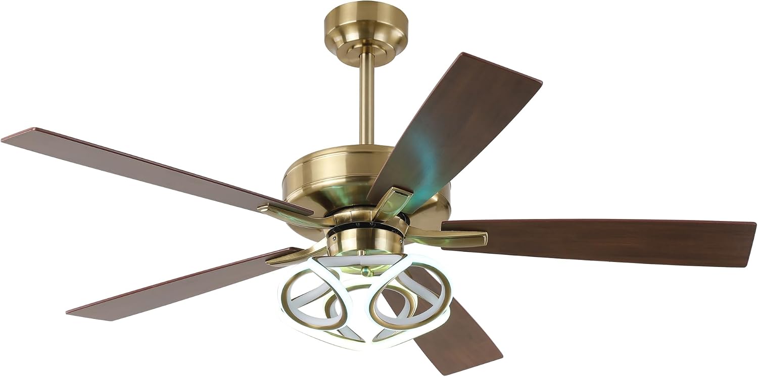 52' Gold Ceiling Fans with Lights and Remote/APP, RGB Color Changing LED Lighting Ceiling Fan, Indoor Outdoor Modern Luxury White and Gold Ceiling Fan for Living Room, Bedroom, 3CCT, 6 Speeds