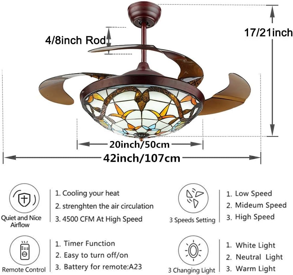 Fandian 42' Vintage Style Ceiling Fan with Light, Remote Control Classic LED Chandelier Retractable Blades 3 Light Changes Fandelier Lighting Fixture with Craft-Made Colorful Glass Lamp
