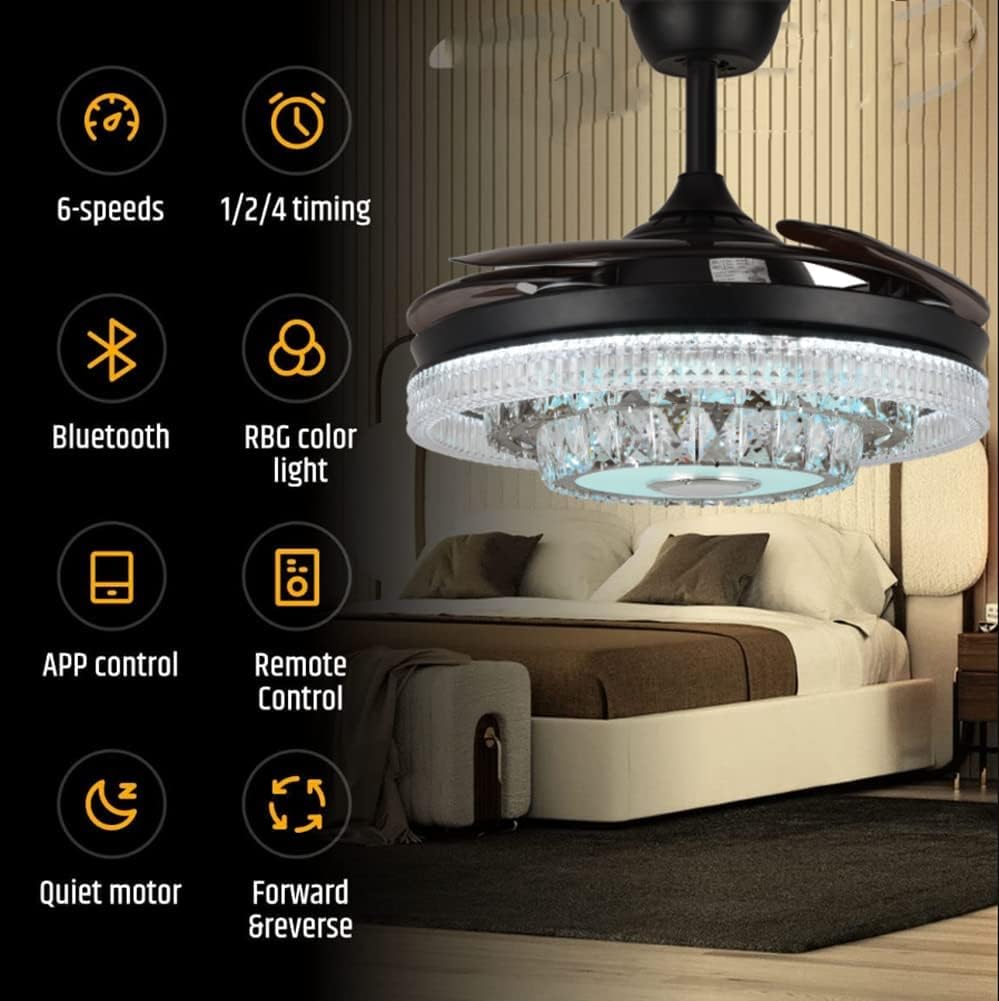 42inch Crystal Ceiling Fan Light with Bluetooth Speaker Reversible 6 Speeds Invisible Chandelier with Remote Control 3 Colors Change LED Light Dimmable Fandelier Music Lighting Fixture