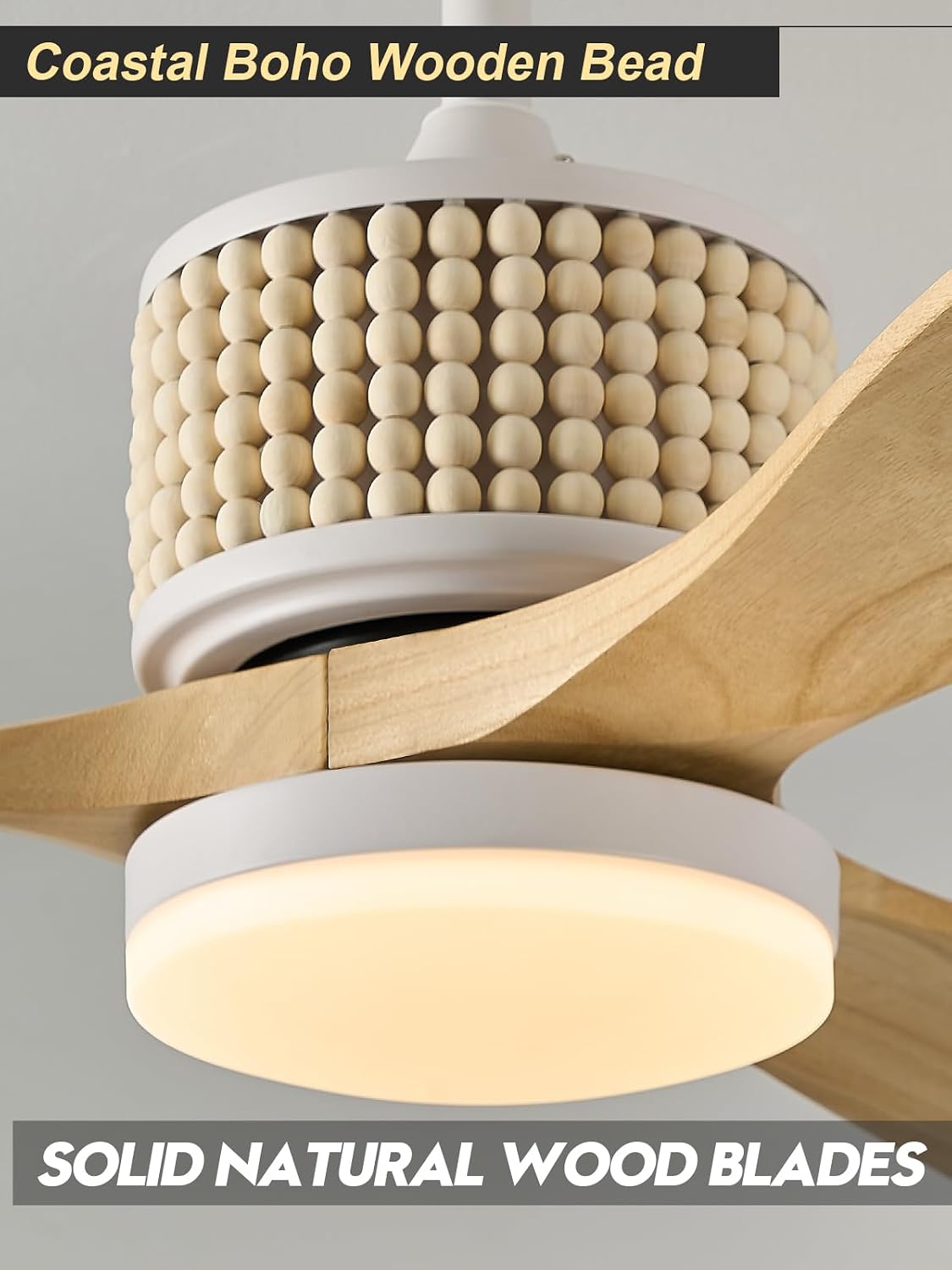 60in Boho White Ceiling Fan Lights with Remote Control 3 Blade Wood Bead Ceiling Fans with Light Coastal Natural Wood Ceiling Fan Outdoor Bohemian Fan Light for Patio Living Room Kitchen