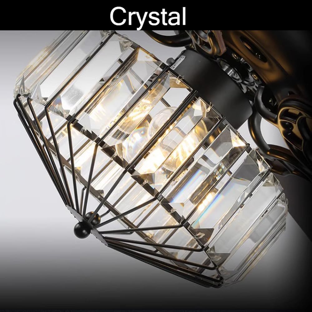 Black Crystal Fandelier Ceiling Fan with Light Living Room Ceiling Fan 52' with Light Remote 5 Blade Industrial Farmhouse Rustic Fan Chandelier for Bedroom Dining Table, Reversible Fan