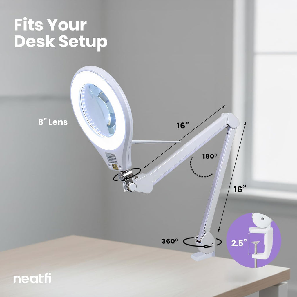 Neatfi Elite Super LED Magnifying Lamp with Clamp – 6' Glass Lens, 2.25X/4X Bifocal, 6500K Daylight | Glare-Free, Nonpolar Dimming | Reading, Crafting & Precision Work (6 Inch Lens, White)