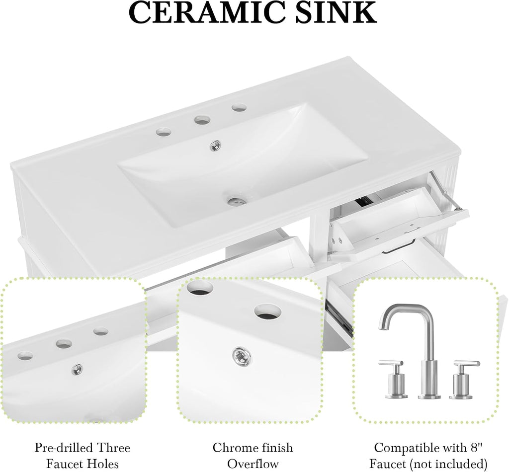 36' Bathroom Vanities with Sink Top, Bathroom Cabinet with Soft-Closing Door with Rack, 4 Drawers(with Tip-Out Drawers), Adjustable Shelf, Solid Wood Frame, White