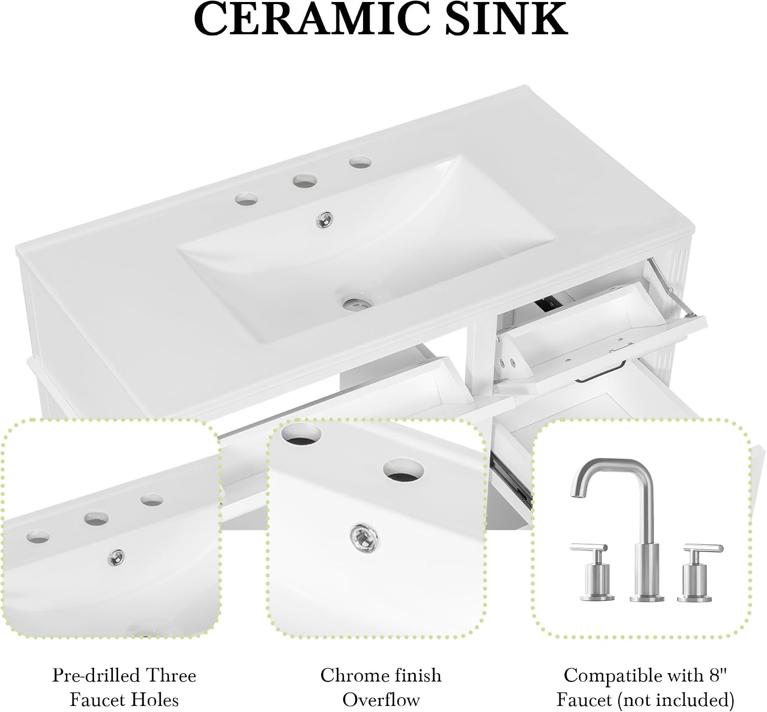 36' Bathroom Vanities with Sink Top, Bathroom Cabinet with Soft-Closing Door with Rack, 4 Drawers(with Tip-Out Drawers), Adjustable Shelf, Solid Wood Frame, White