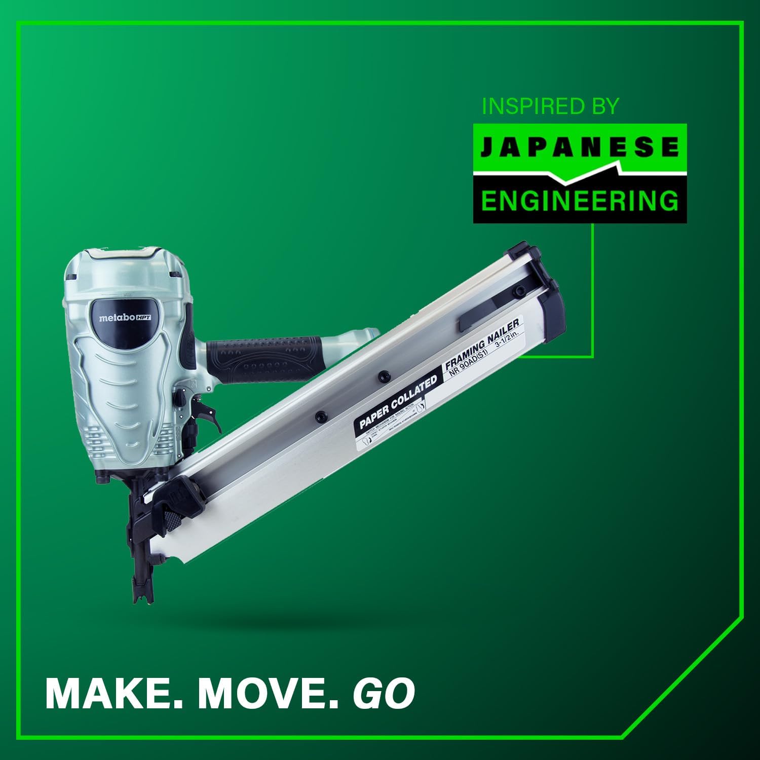 Metabo HPT Framing Nailer, Pro-Preferred Framing Tool for Flooring, Truss Build-Up, Roof Decking, and Housing Construction, Quick Switch Nailing, 3-1/2' 30° Paper Collated Nails, NR90ADS1