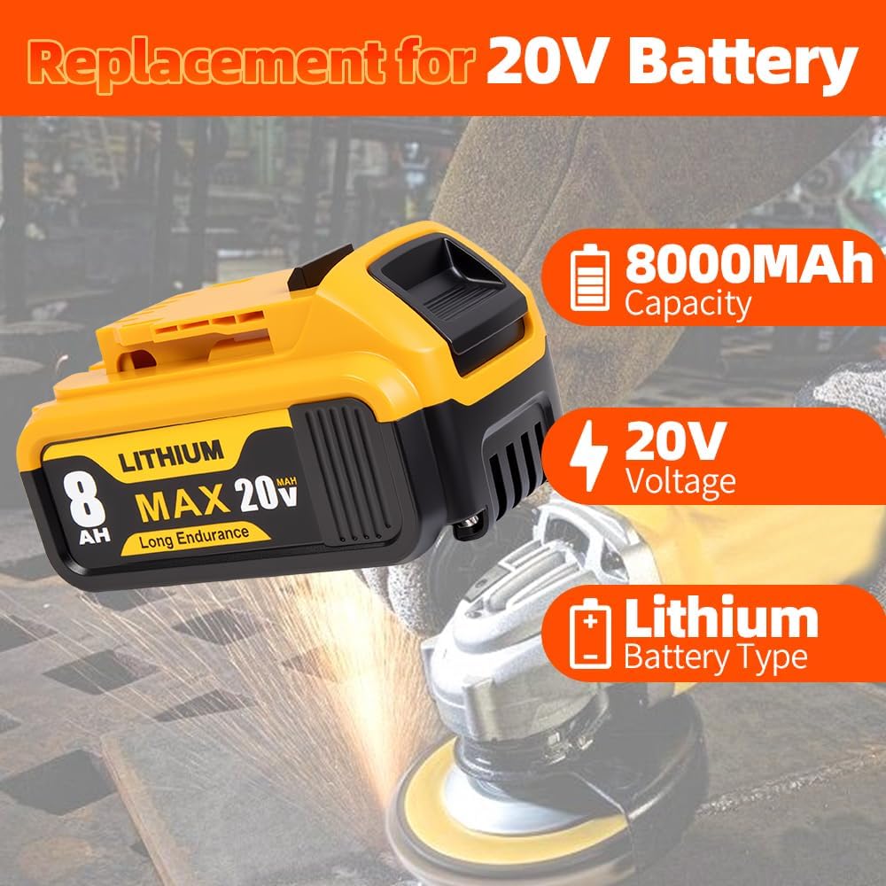 1Pack 8.0Ah 20V Battery Replacement for Dewalt 20V Lithium Battery Compatible with Dewalt 20 Volt MAX XR DCB200 DCB201 DCB203 DCB204 DCB205 DCB206 DCD DCF DCG Series Cordless Power Tools