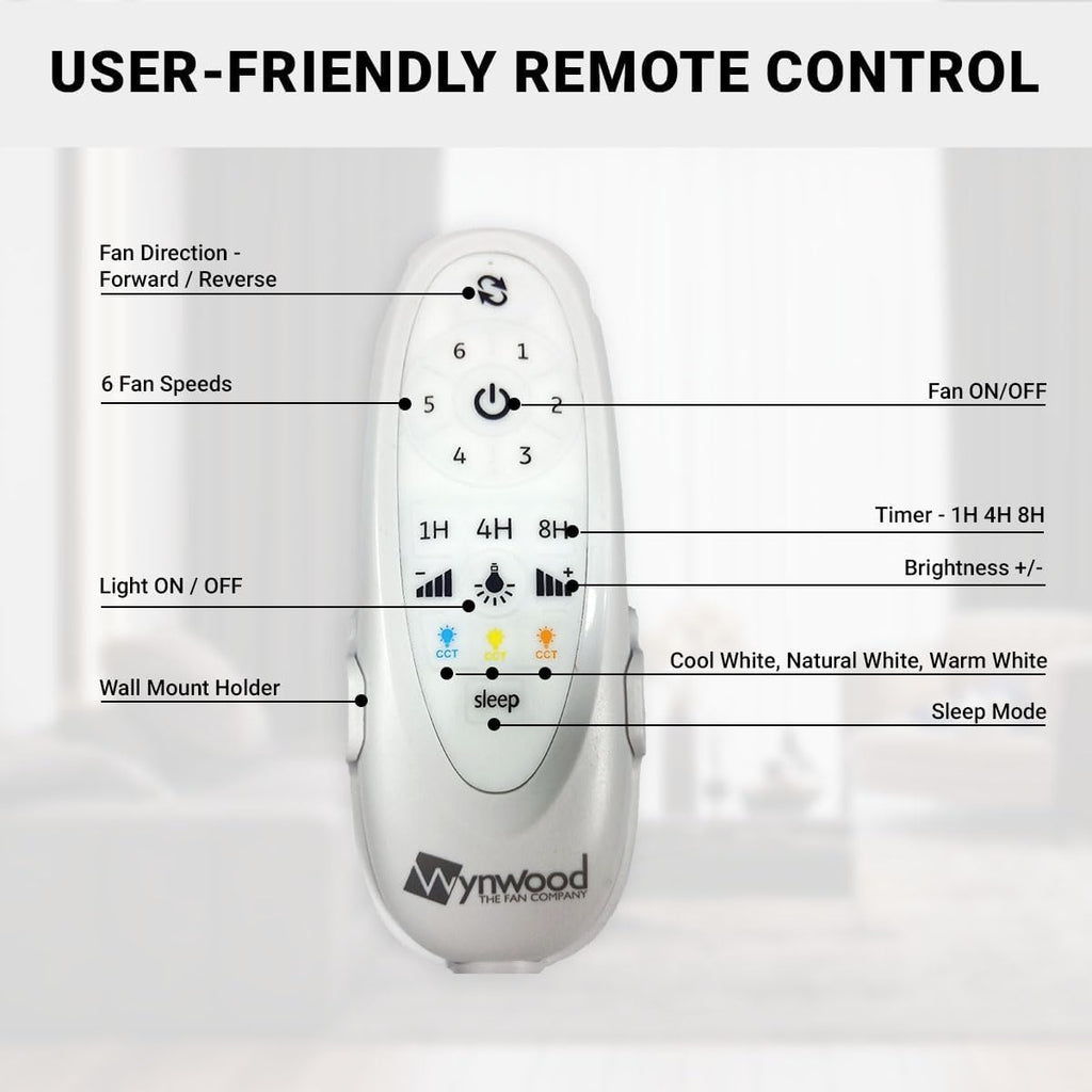 Wynwood QL2314WH 60-Inch Edgewater Matte White Ceiling Fan with Light, DC Motor, 6-Speed Remote Control, 3-CCT Dimmable LED, Reversible Airflow, ABS Blades, Downrod Mount, Indoor Ceiling Fan