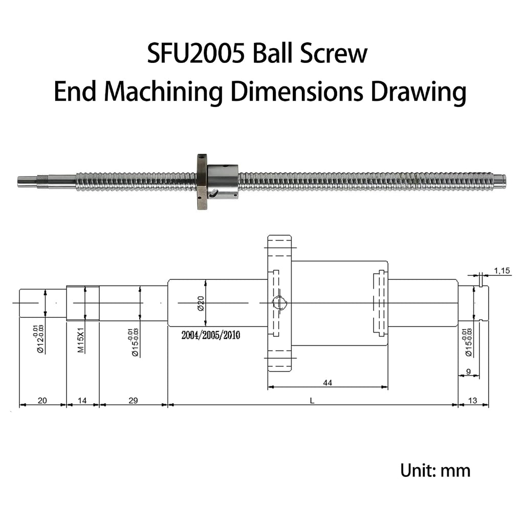 2005 Linear Motion CNC Ball Screw with Anti Backlash Nut, Coavoo SFU2005 2650mm / 104.33 inch 20mm Ballscrew with Standard End Machine for BK15 BF15