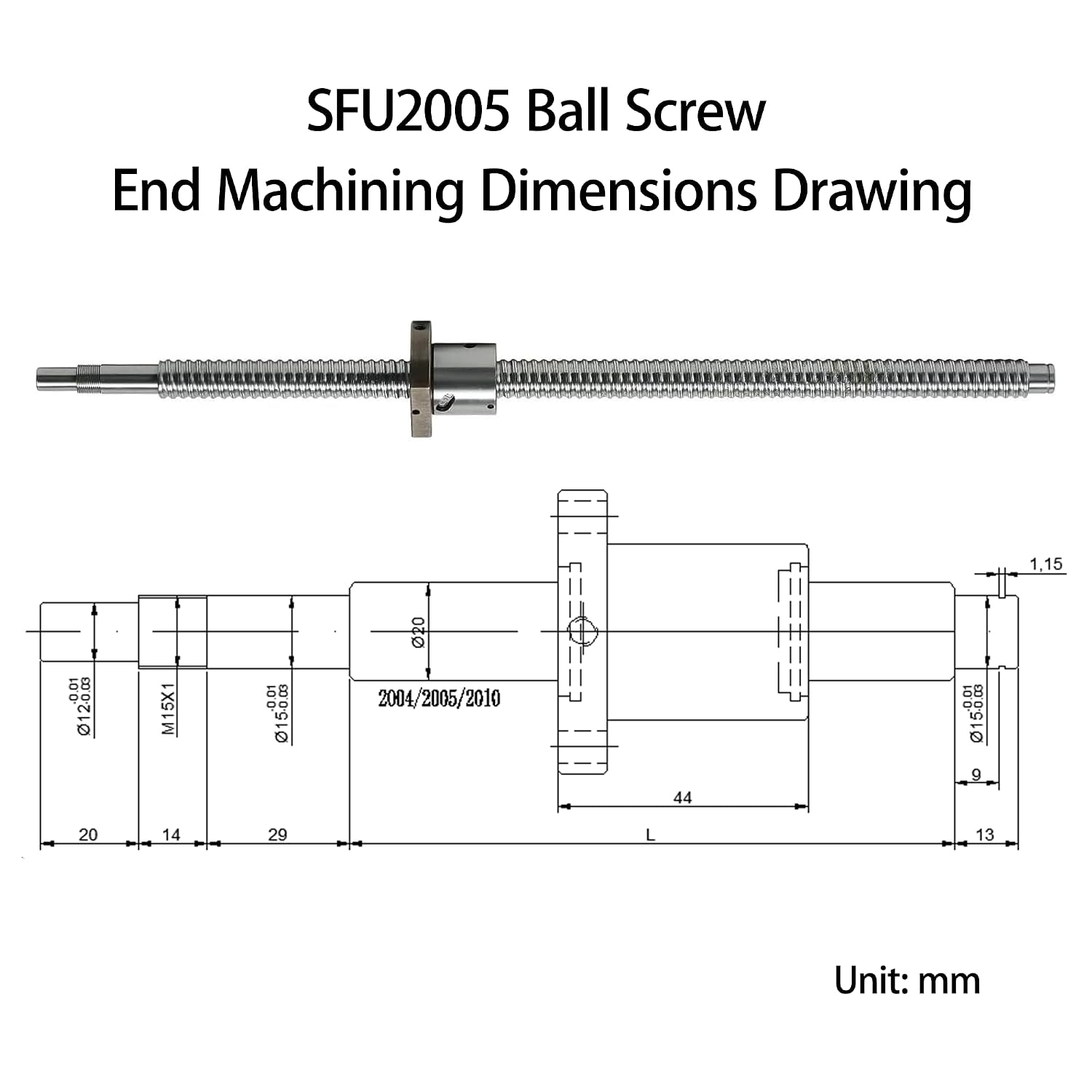 2005 Linear Motion CNC Ball Screw with Anti Backlash Nut, Coavoo SFU2005 2650mm / 104.33 inch 20mm Ballscrew with Standard End Machine for BK15 BF15