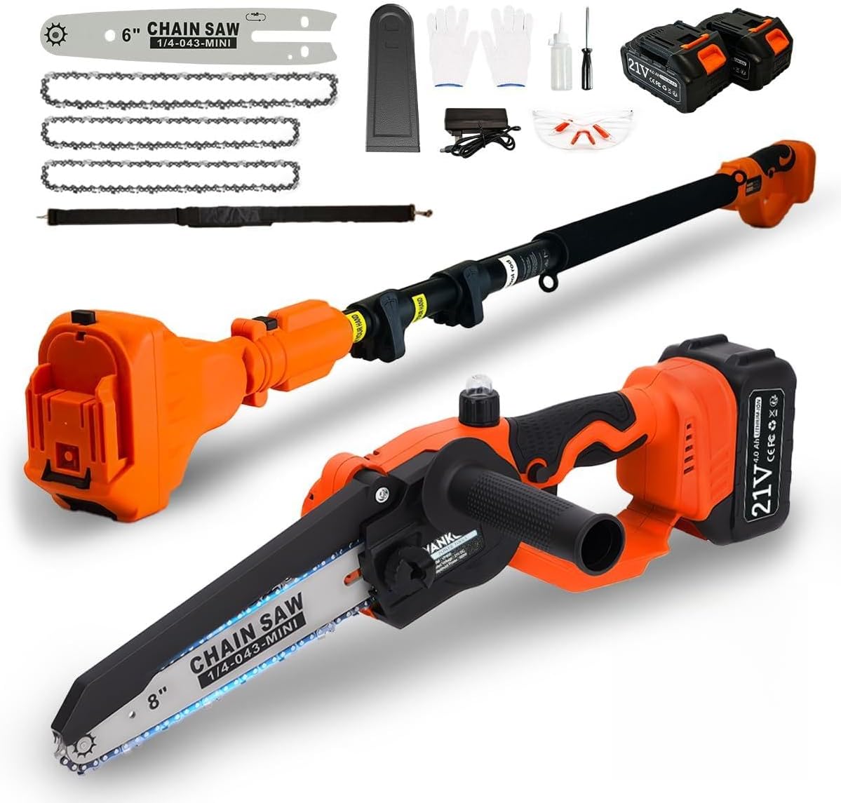Electric Pole Saws for Tree Trimming 15ft, Cordless Pole Saw Chainsaw with Battery and Charger, 6'&8' Mini Chainsaw for High Tree Branches Pruning & Wood Cutting, Gifts for Men Dad Husband Gadget