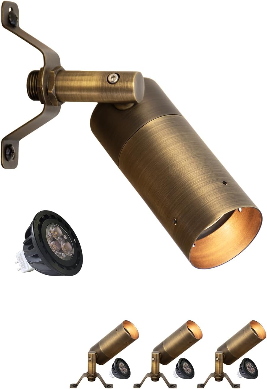 MALORY Brass Landscape Spot Down Light, Low Voltage Led Downlights Tree Light Outdoor Landscape Lighting for Yard, Garden, Lawn, Wall, Patio with 5W MR16 LED Bulb 2700K Warm White（4 Pack）