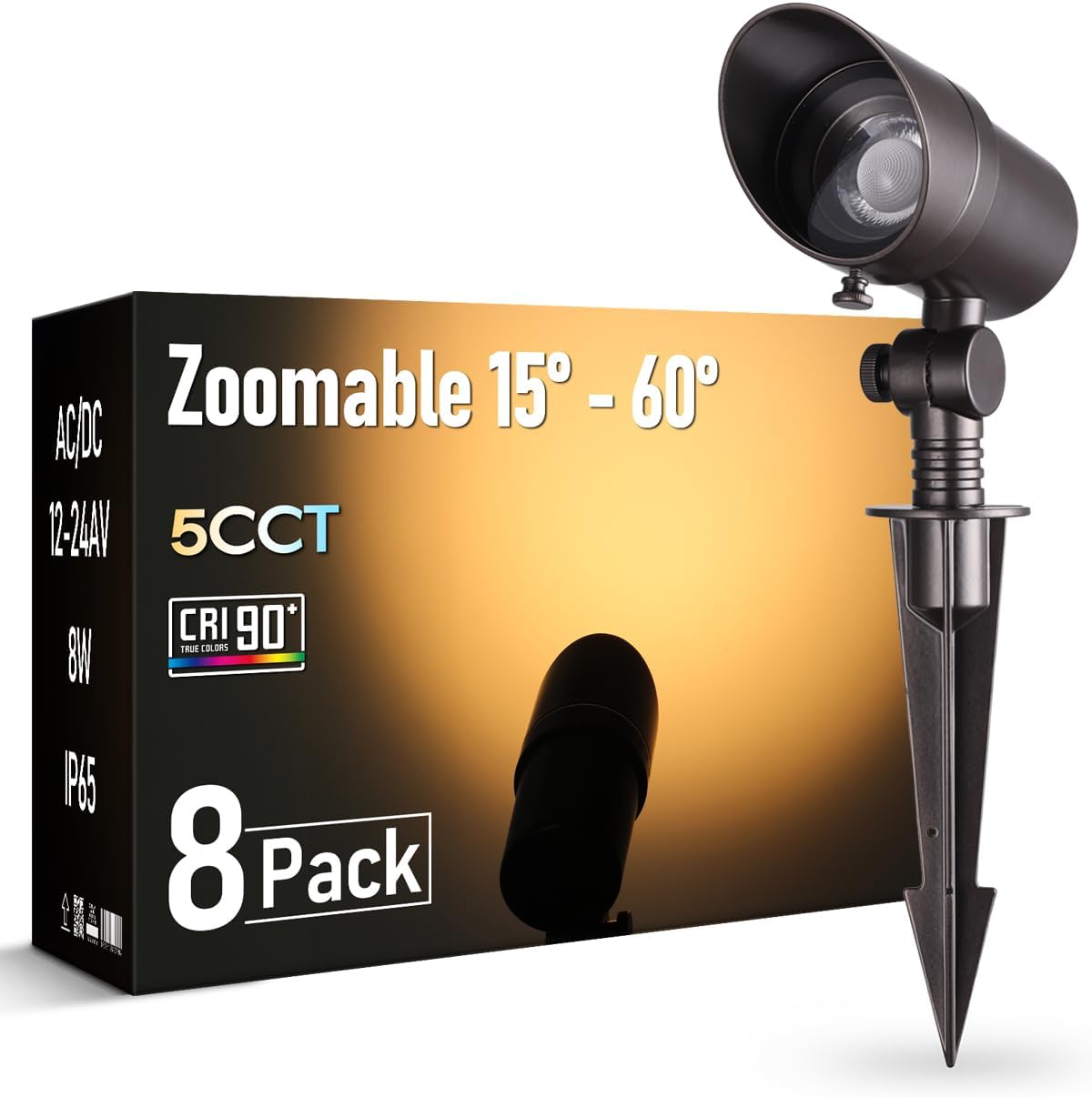 LEONLITE 8-Pack 5CCT LED Landscape Spotlight, 15°-60° Adjustable Beam Angle, 8W Low Voltage Spot Light with Stepless Adjustment, 12-24V AC/DC, Aluminum, IP65 Waterproof, Oil Rubbed Bronze