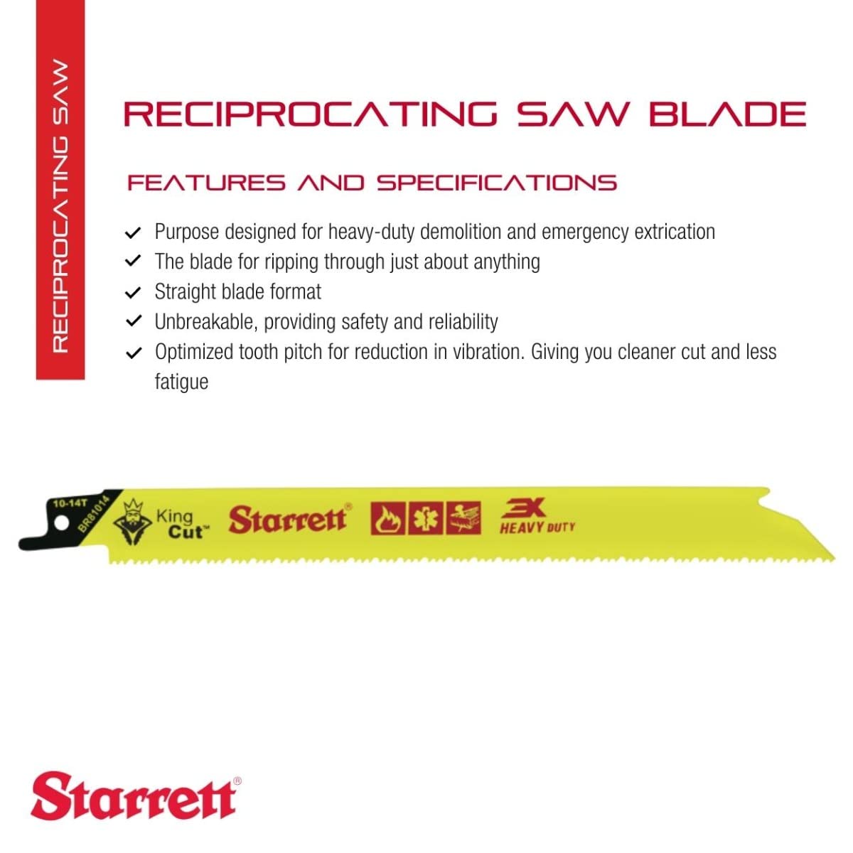 Starrett Bi-Metal King Cut Fire Rescue and Demolition Reciprocating Saw Blade - 8' Length, 3/4' Width, 0.50' Thickness, Straight Shape, 10-14 TPI - 50-Pack - BR81014-50