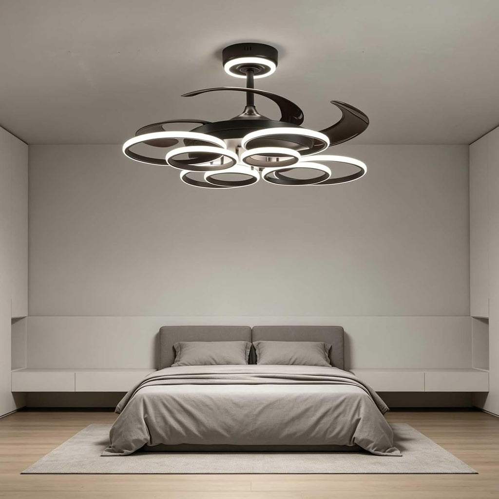 48' Retractable Ceiling Fan with Lights Modern Fandelier Fan Light with Remote Bladeless Fan Ceiling Light for Bedroom Living Room 6 Speed Black (Black RFL25009)
