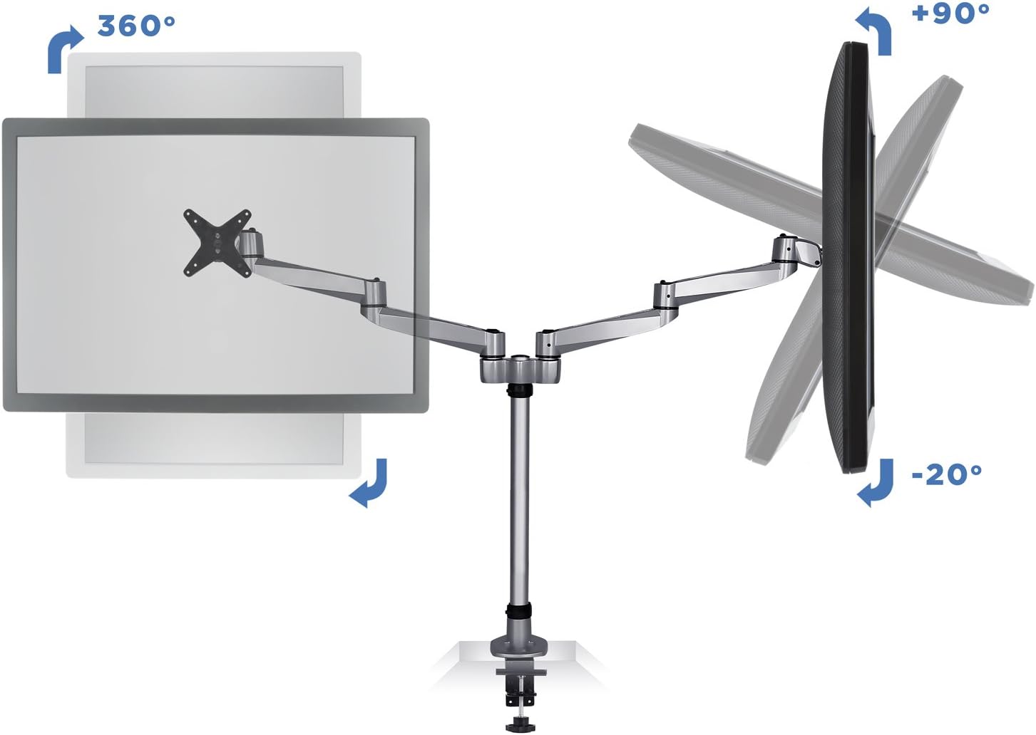 Mount-It! Premium Modular Dual Monitor Desk Mount Arms | Tilt Swivel VESA Wall Mount | Fits 13 15 17 19 21.5 24 27 Inch Computer Screens with 75 100 VESA Patterns | C-Clamp and Grommet Bases | Silver