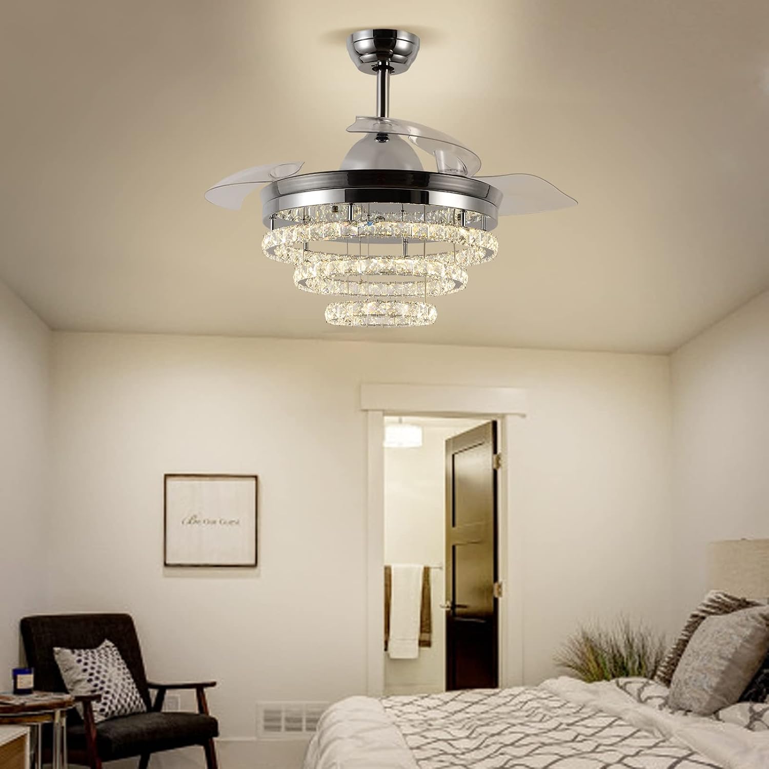 42' Dimmable Fandeliers Modern Crystal Invisible Chandelier Ceiling Fan With 3 LED Color Change Lights with Memory Function