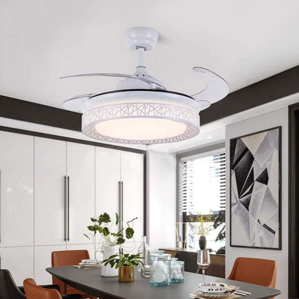 42' Retractable Ceiling Fan with Light, Modern Chandelier Ceiling Fan with Remote, Retractable Blades, 3 Color Light Dimmable Ceiling Fan and Light for Bedroom Living Room Dining Room (White)