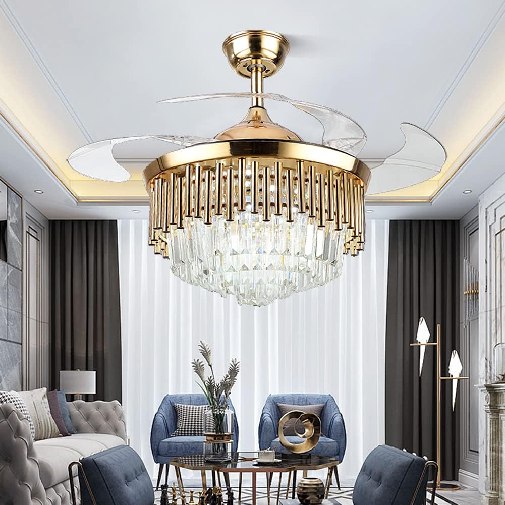 Fandian Crystal Ceiling Fan with Light Remote Control Fandelier, Modern Retractable Luxury Chanmdeliers Fan with 3 Color Change LED Light 3 Speed for Living Room Bedroom
