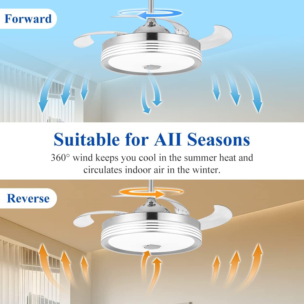 48 inch Modern Retractable Ceiling Fan with Lights and Remote Control, 6Speed Dimmable Fandelier, Smart Ceiling Fan Light with Bluetooth Speaker, RGB Color Reversible Bedroom Living Room, Chrome