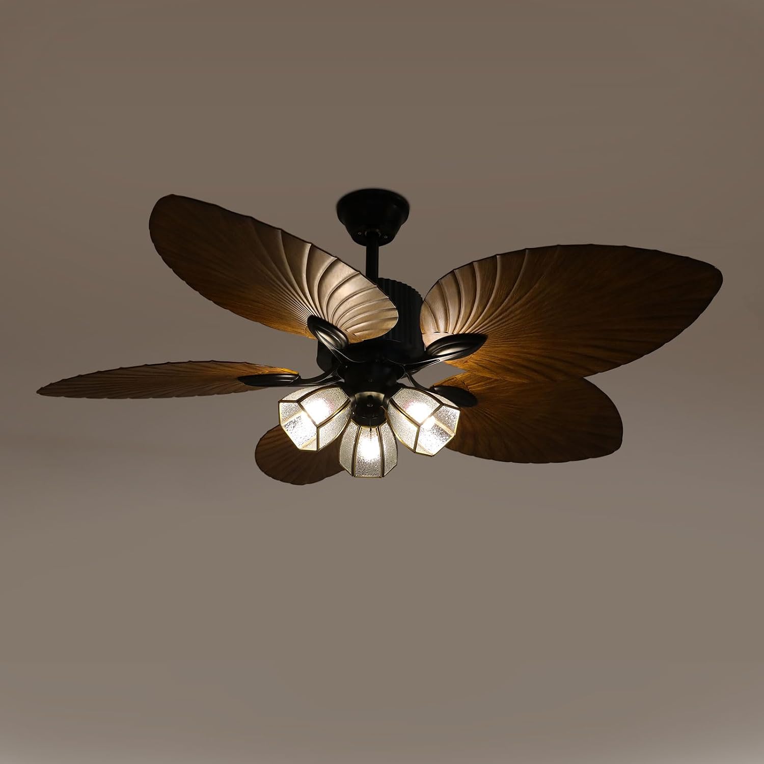 52 Inch Tropical Ceiling Fan, Palm Wooden Leaf Ceiling Fan with Remote & Lights, Timer Function & Adjustable Height Vintage Quit Fan Light for Living Room Kitchen Bedroom Patio Porche Covered Deck