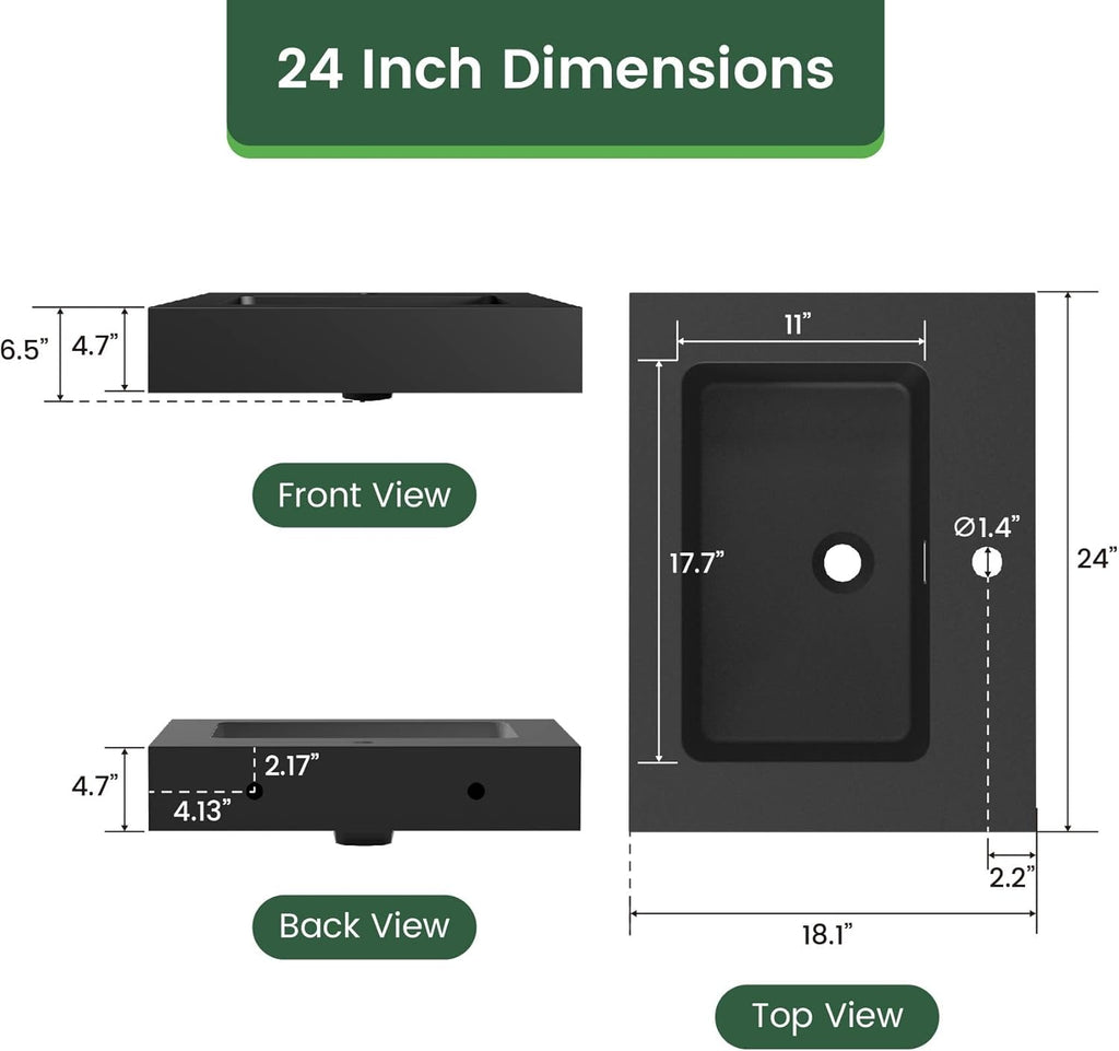 24 Inch Matte Black Vanity Sink – Solid Surface Bathroom Vanity Top with Integrated Sink, Easy-to-Clean Non-Porous Finish for Powder Room or Guest Bath