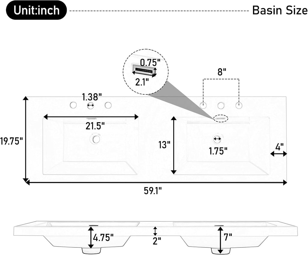 Christopher Knight Home Meril 59.10' Resin Basin for Bathroom Vanity, Bathroom Sinks with 3-Faucet Holes, Vanity Sink Top only, Faucet and Cabinet not Included, Built-in Overflow Feature, White