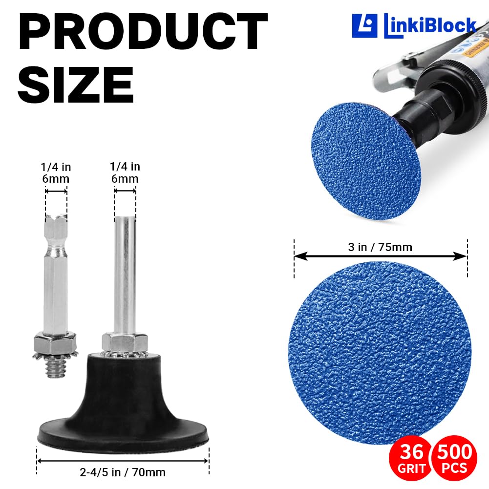 500Pcs 3 inch R-Type Quick Change Zirconia Surface Conditioning Sanding Discs Set 36 Grit with Adapter & Backing Pad