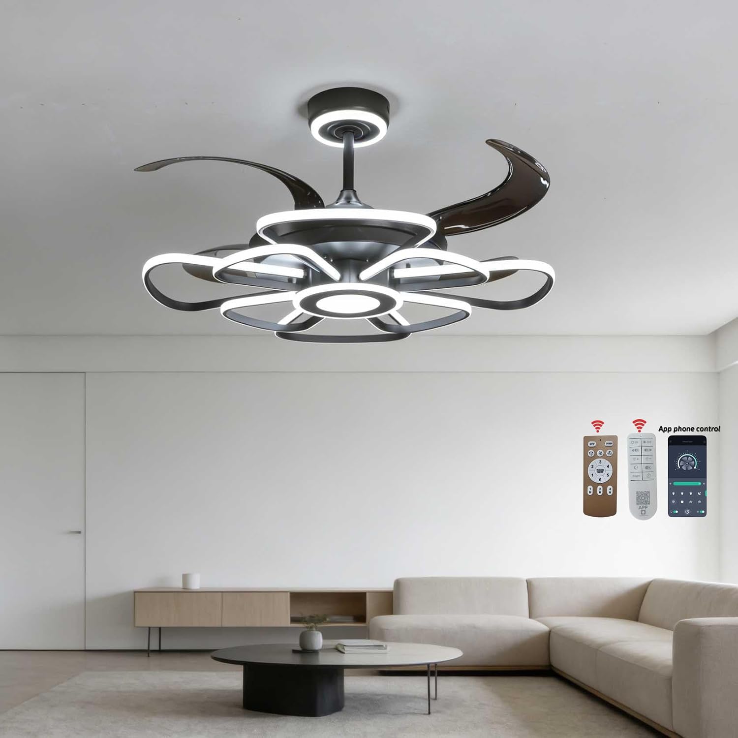 48' Retractable Ceiling Fan with Lights Modern Fandelier Fan Light with Remote Bladeless Fan Ceiling Light for Bedroom Living Room 6 Speed Black (Black RFL25003)