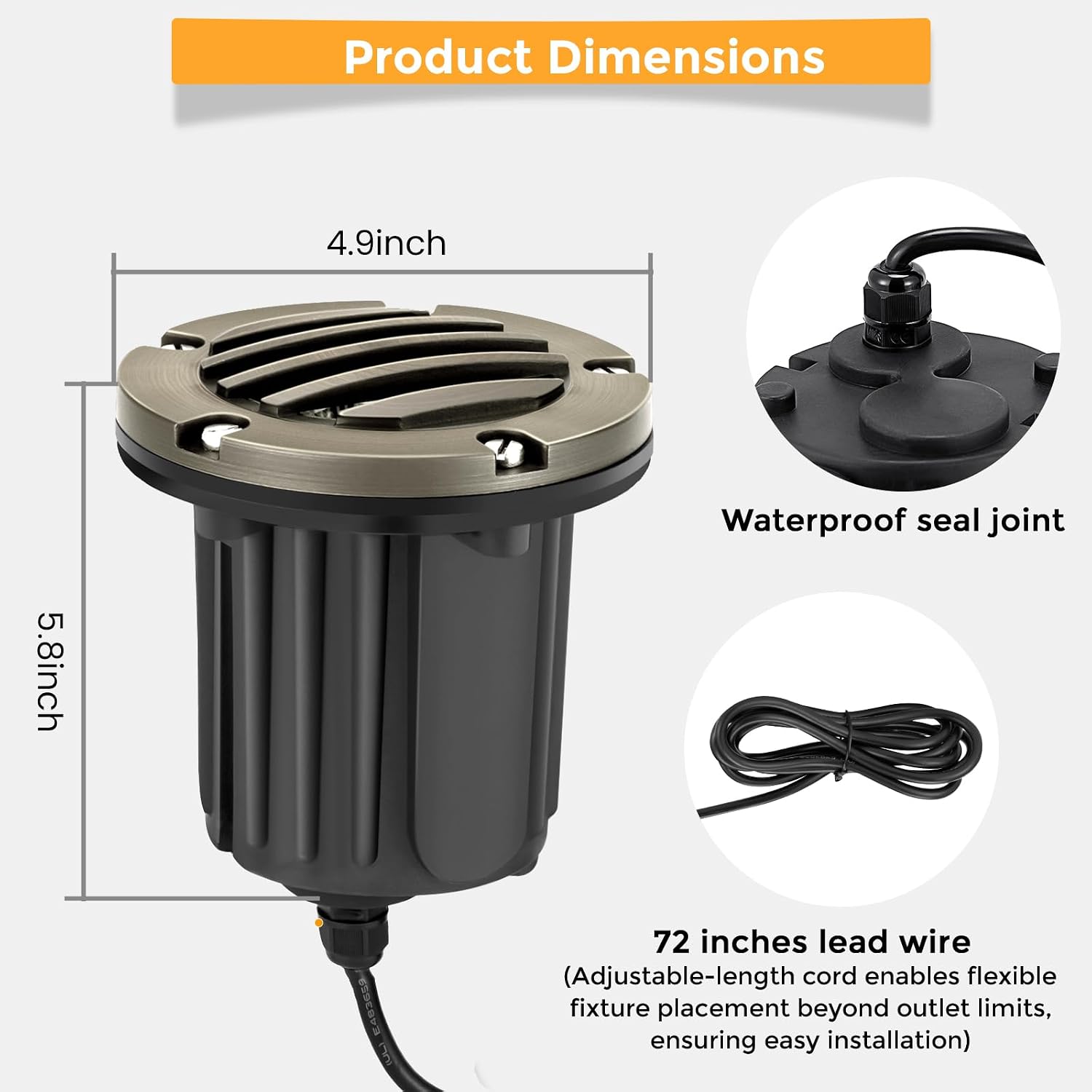 Gardencoin Brass Low Voltage Landscape Well Lights (5' Cover, 5.5' Tall), 12V LED Wired In-Ground Outdoor Up Lighting Fixture Waterproof, Adjustable Beam Direction Base, Without MR16 Bulb (4 Pack)