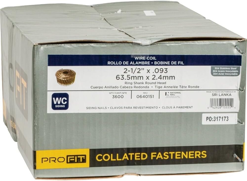 Grip Rite Prime Guard MAXC62823 15-Degree Wire Coil 2-1/2-Inch by .09-Inch Ring Shank, Stainless Steel Siding Nails, 3600 Per Box