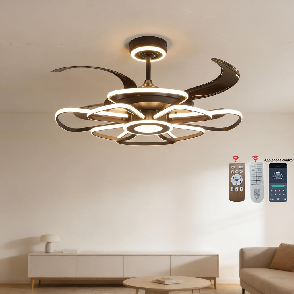 48' Retractable Ceiling Fan with Lights Modern Fandelier Fan Light with Remote Bladeless Fan Ceiling Light for Bedroom Living Room 6 Speed Black (Black RFL25003)