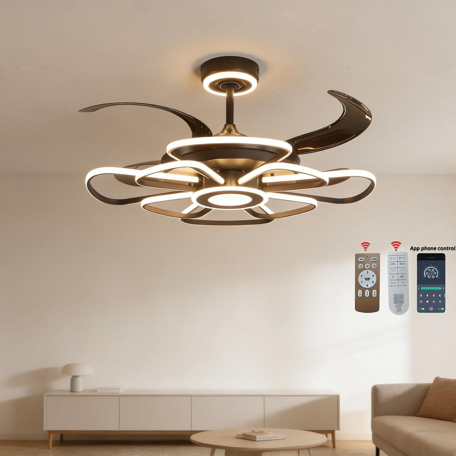 48' Retractable Ceiling Fan with Lights Modern Fandelier Fan Light with Remote Bladeless Fan Ceiling Light for Bedroom Living Room 6 Speed Black (Black RFL25003)