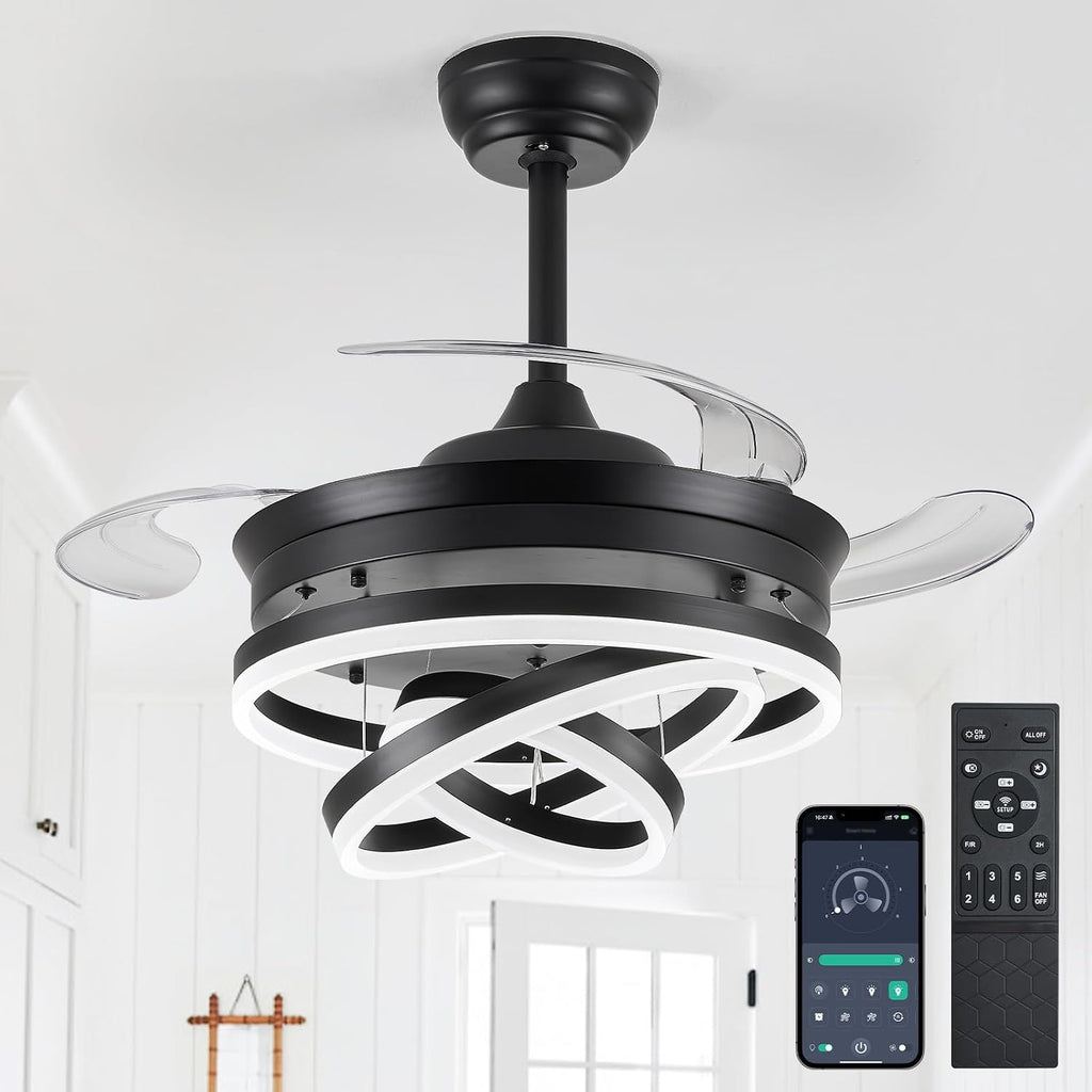 42' Retractable Ceiling Fans with Lights, Modern Fandelier Ceiling Fan with LED Light and Remote/APP Control 3 CCT, Reversible, 6 Wind Speed, Chandelier Ceiling Fan for Bedroom, Living Room Black